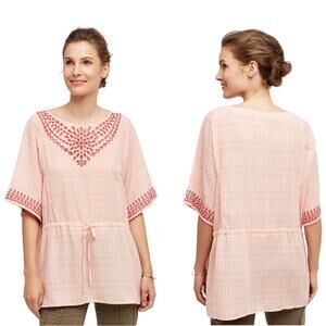 One September Anthropologie Pink Embroidered Tunic Top